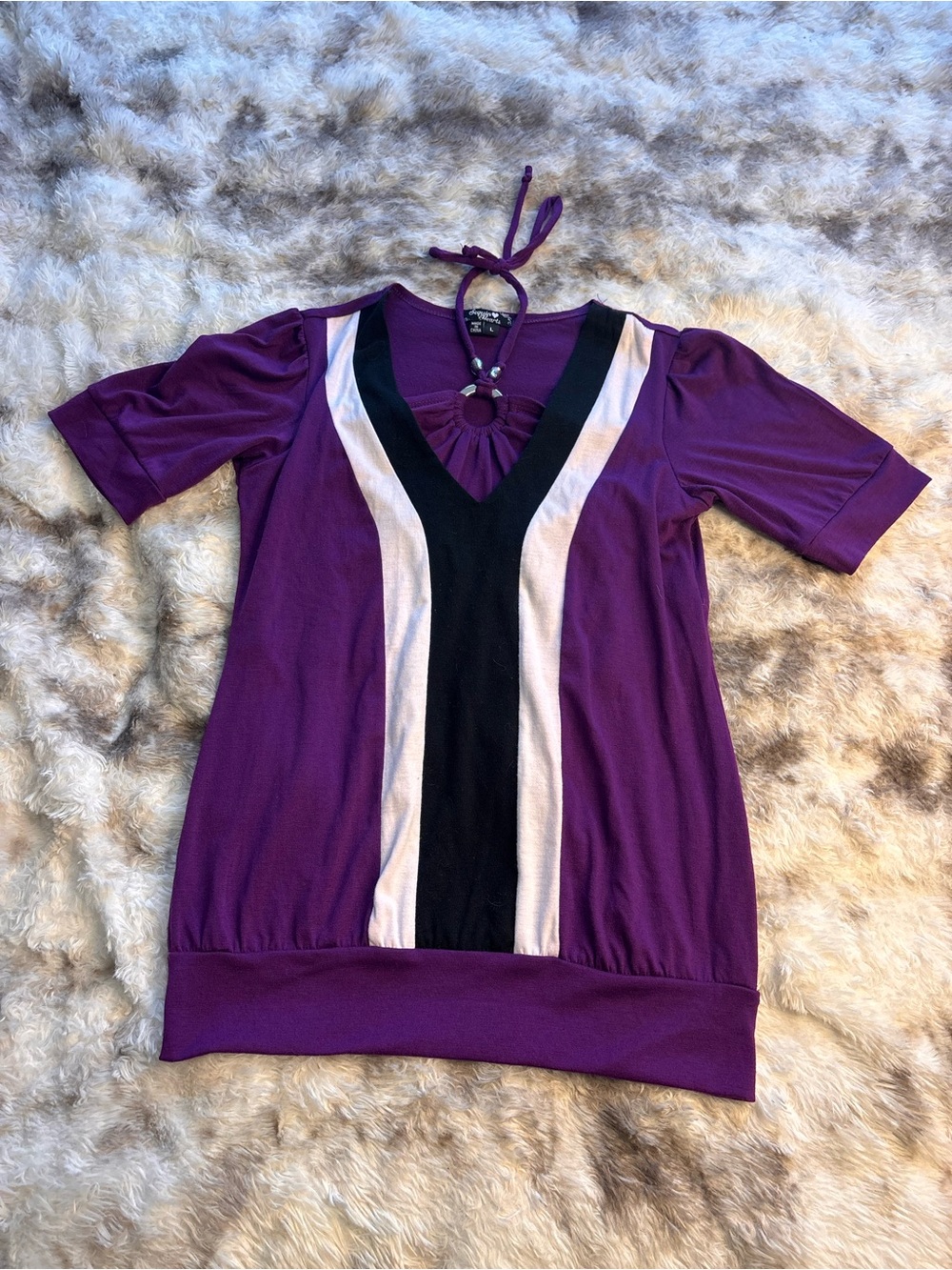 Purple V-Neck Tunic with Contrast Stripes